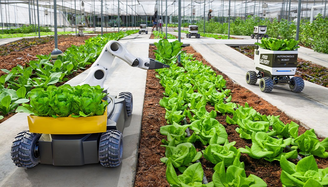 Autonomous tractors and robotic harvesters in action on smart farms